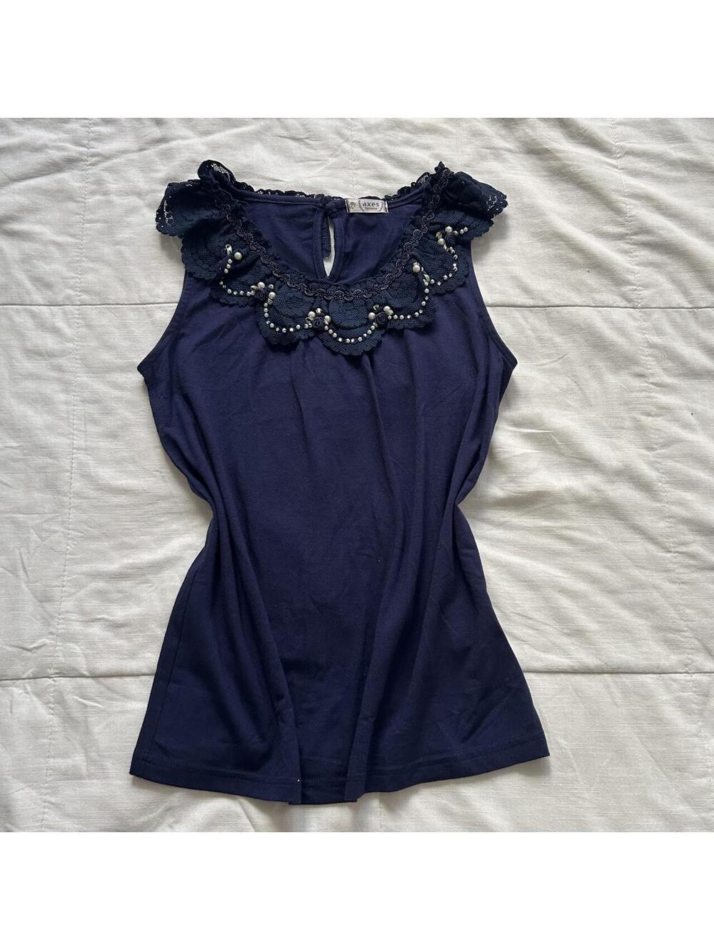 Axes Femme Navy Floral Lace Pearl Rosette Sleeveless Top M Japan